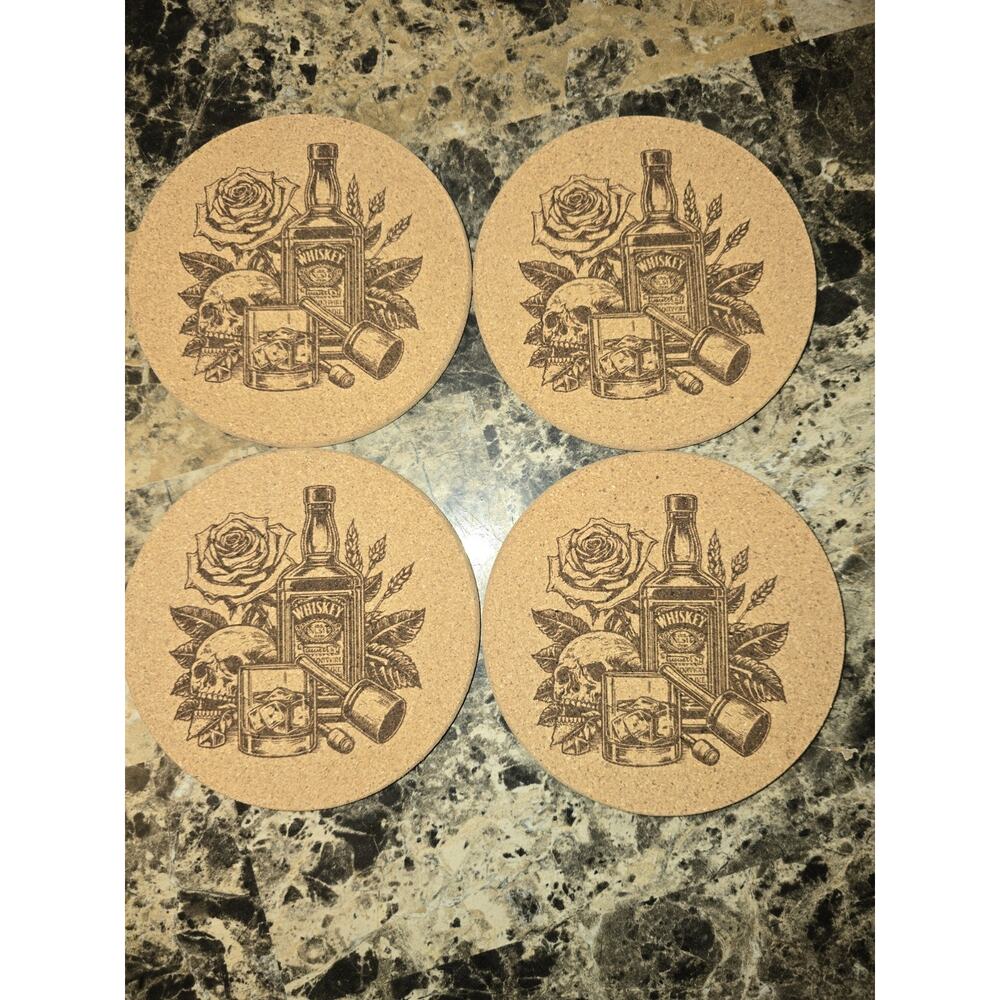 Engraved Cork Coasters Skull Skeleton Whiskey Adult Set Of 4